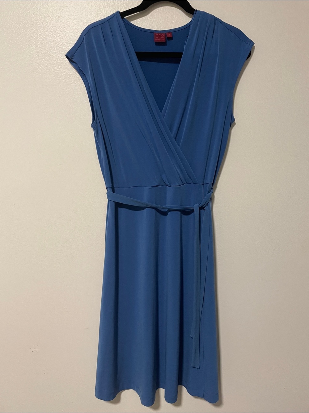 212 Collection Retro A-Line V-Neck Sleeveless Steel Blue Faux Wrap Midi Dress M‎